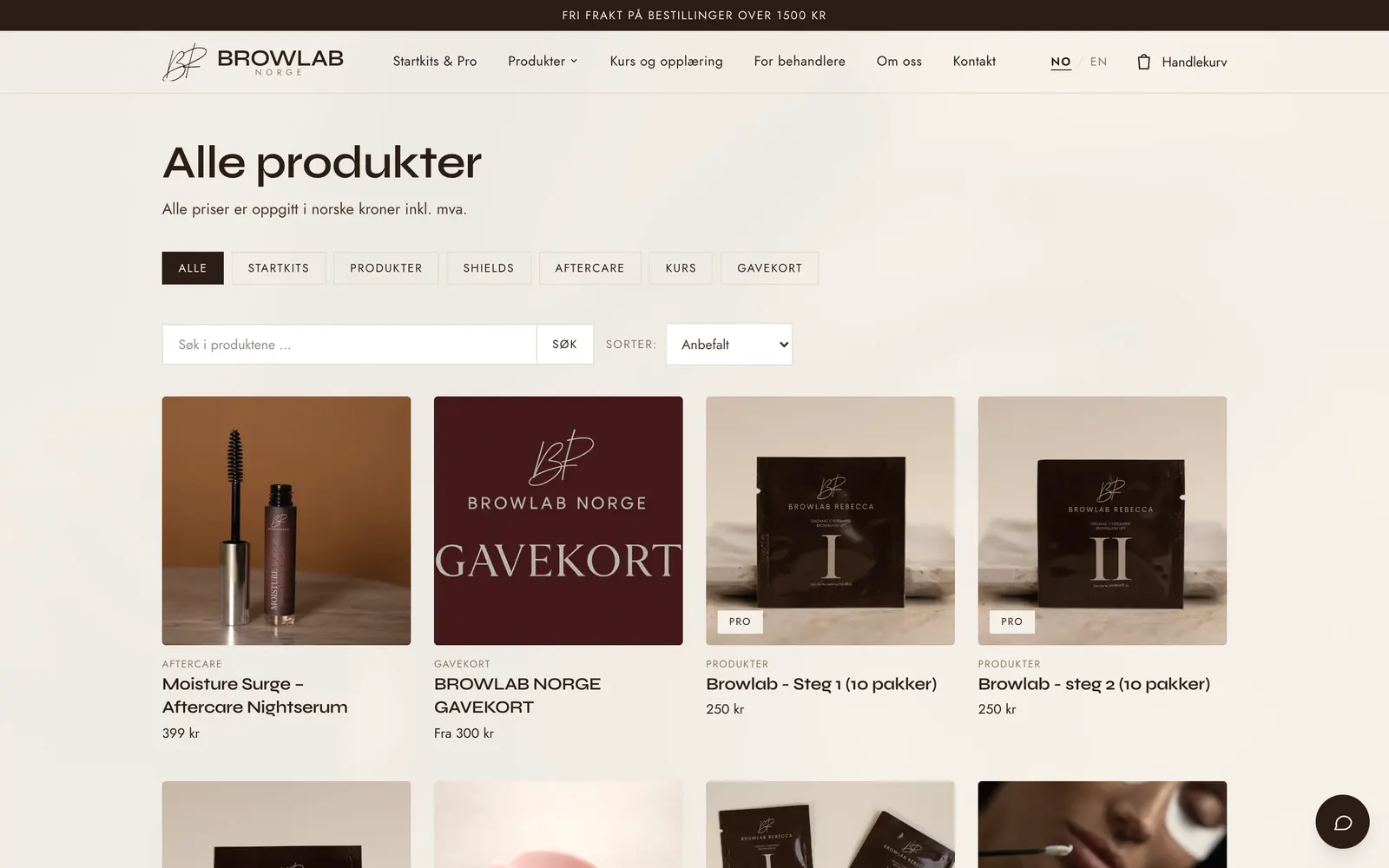 Butikkoversikten med produktkort