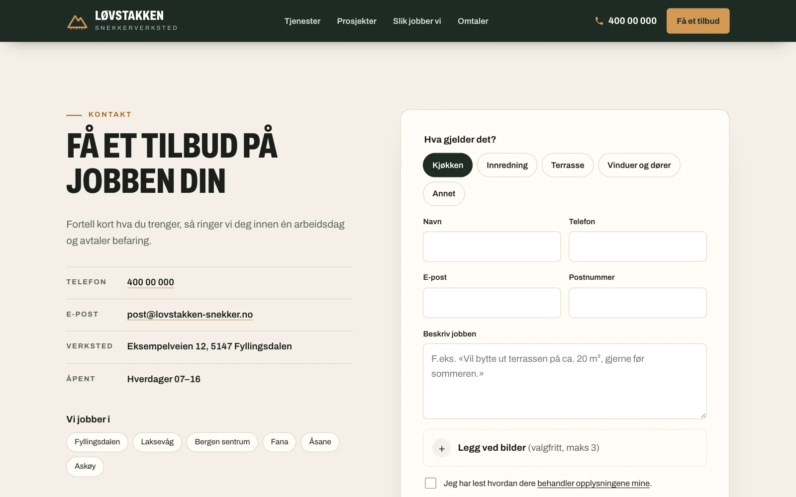 Kontaktskjemaet på snekkersiden