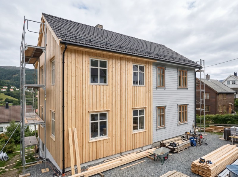 Hus med ny trekledning under arbeid